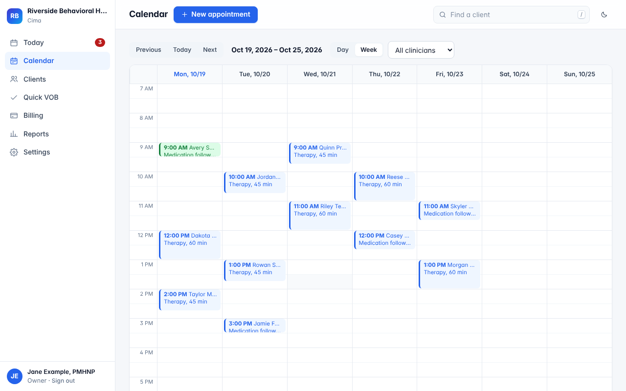 The calendar, week view, with the day's visits
