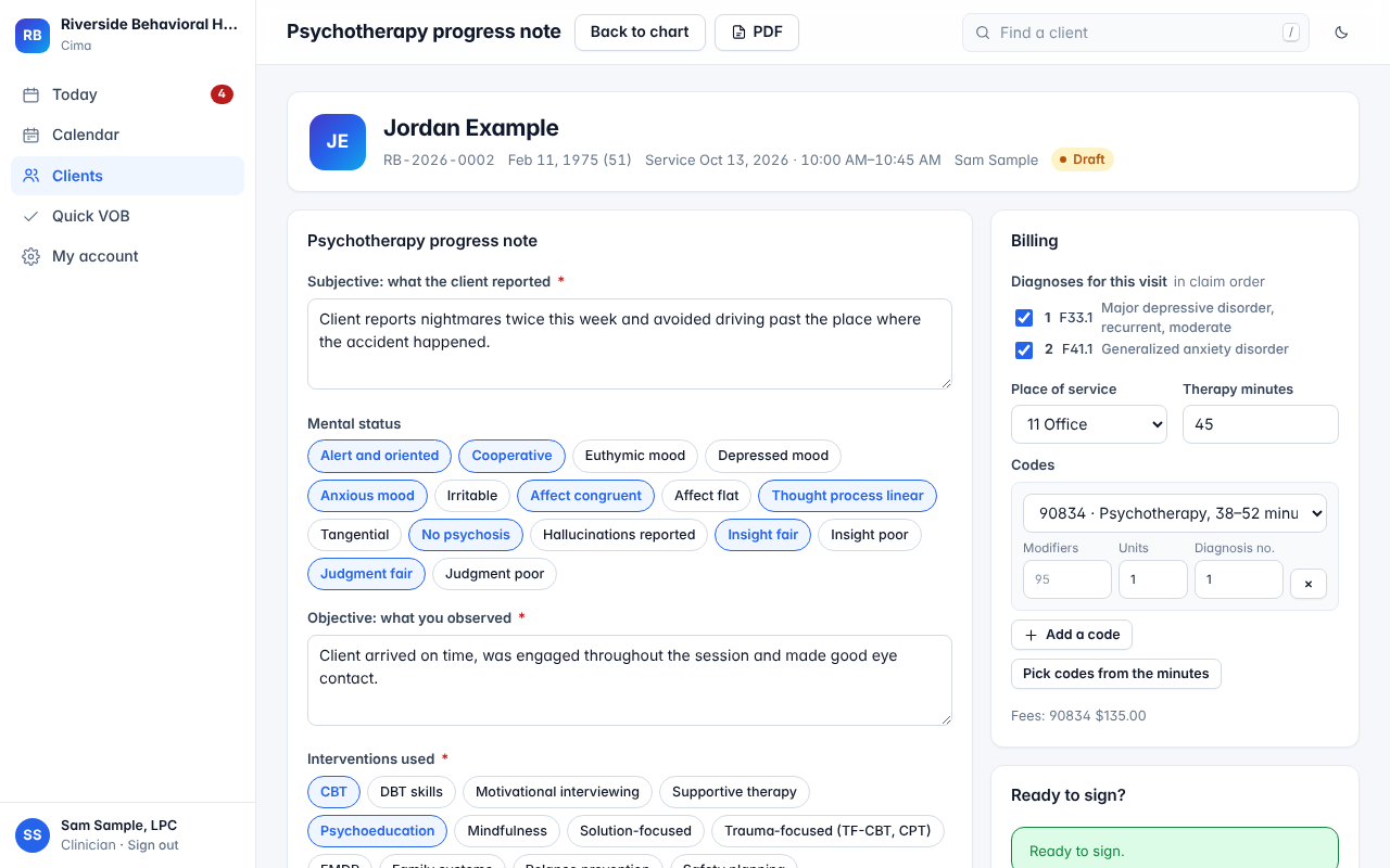 A psychotherapy progress note with its billing box
